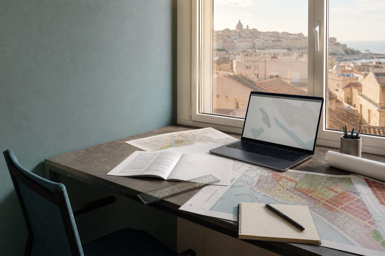 Postazione di lavoro con mappe e documenti tecnici davanti al panorama urbano di Cagliari